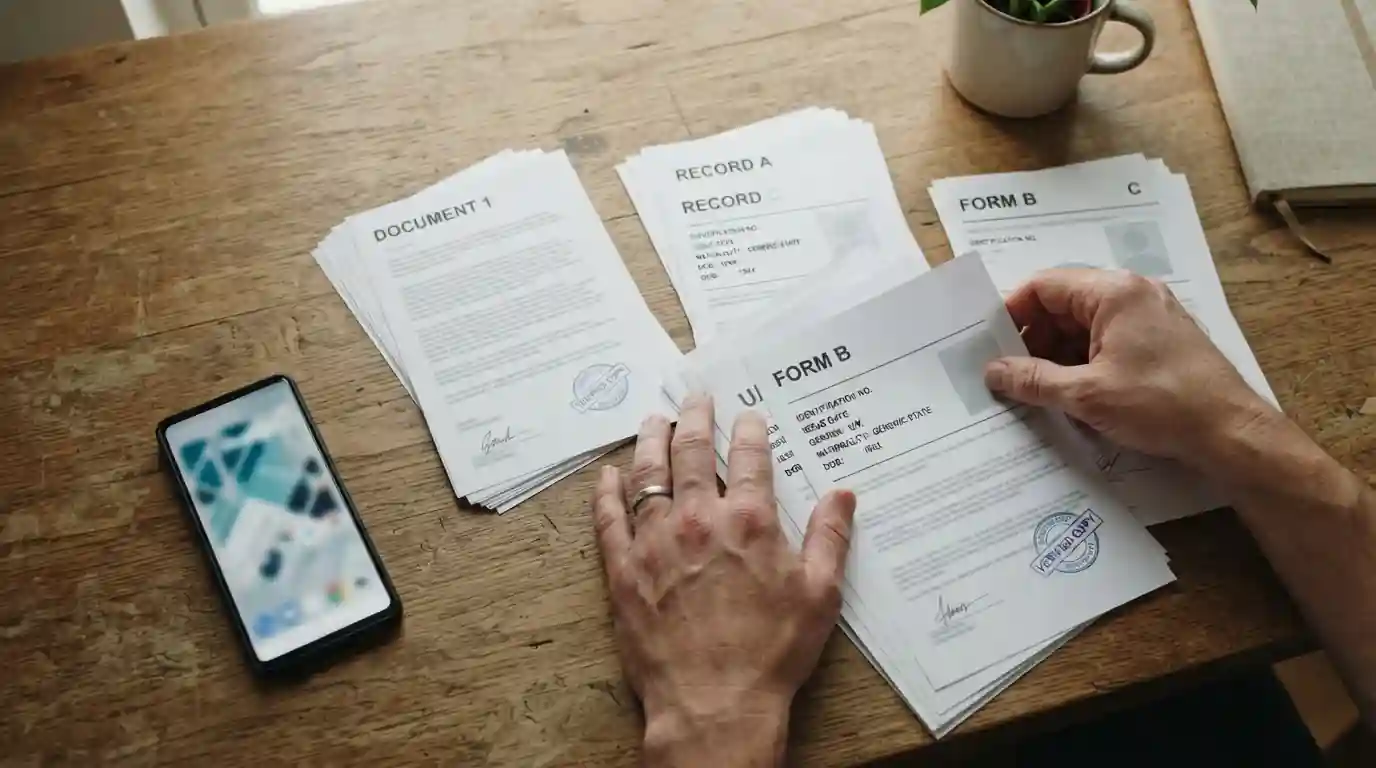 Osoba prohlíží občanku a doklady u stolu, ilustrace KYC ověření