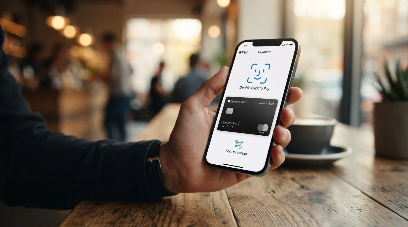 Smartphone s Apple Pay rozhraním připravený k biometrické autorizaci platby