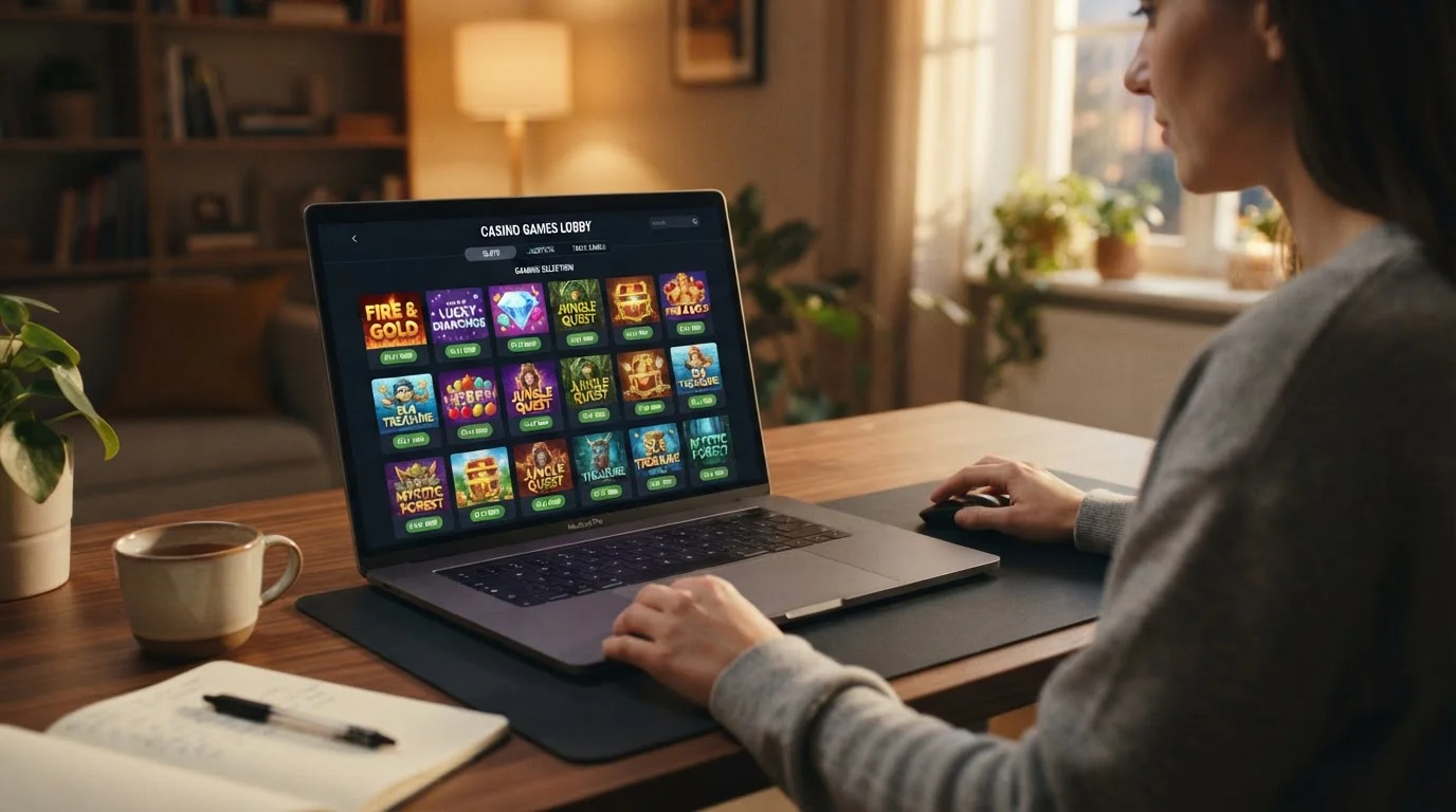 Výběr automatů a her v online kasinu na obrazovce notebooku s rozhraním kasina