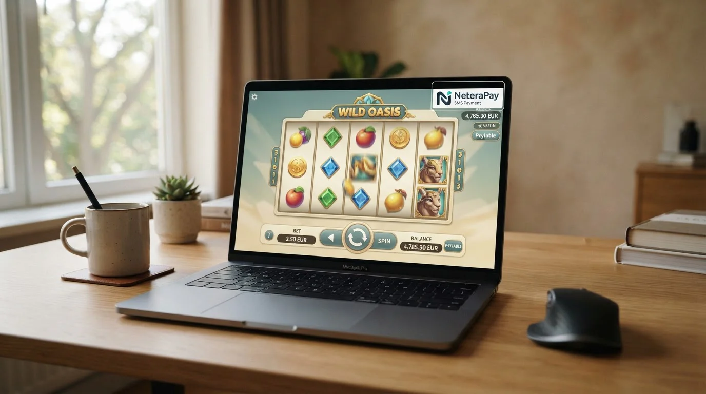 Laptop s rozhraním automatu a viditelnou ikonou NeteraPay platby v rohu, detail casino interface