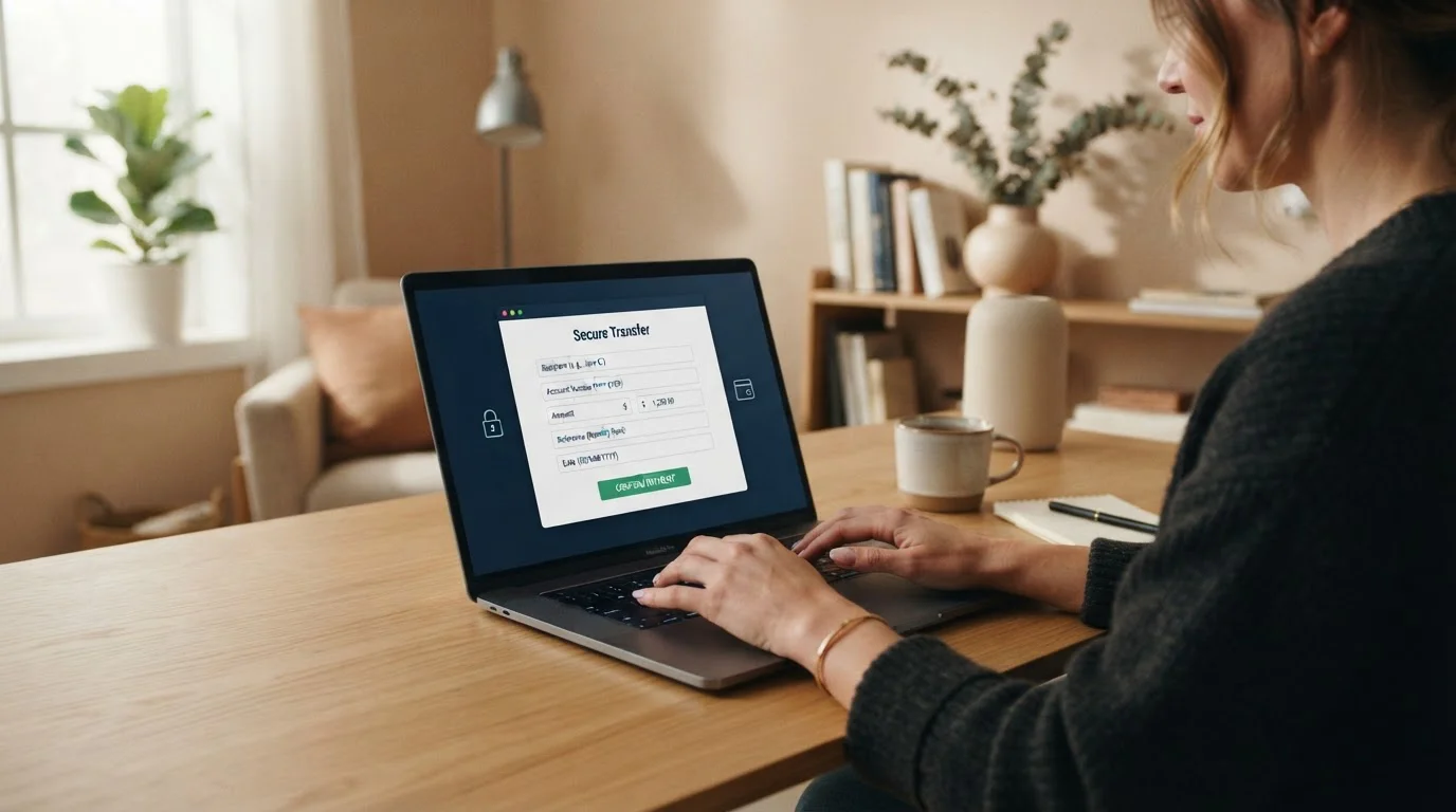 Ruce píšící na klávesnici laptopu s bankovním rozhraním na obrazovce
