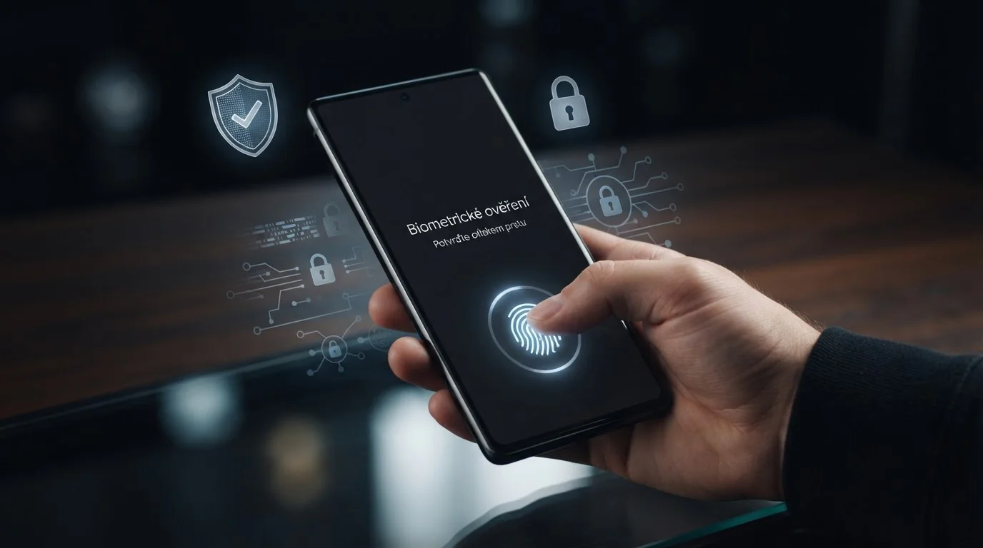 Smartphone s otiskem prstu na obrazovce a ikonami zámku a štítu