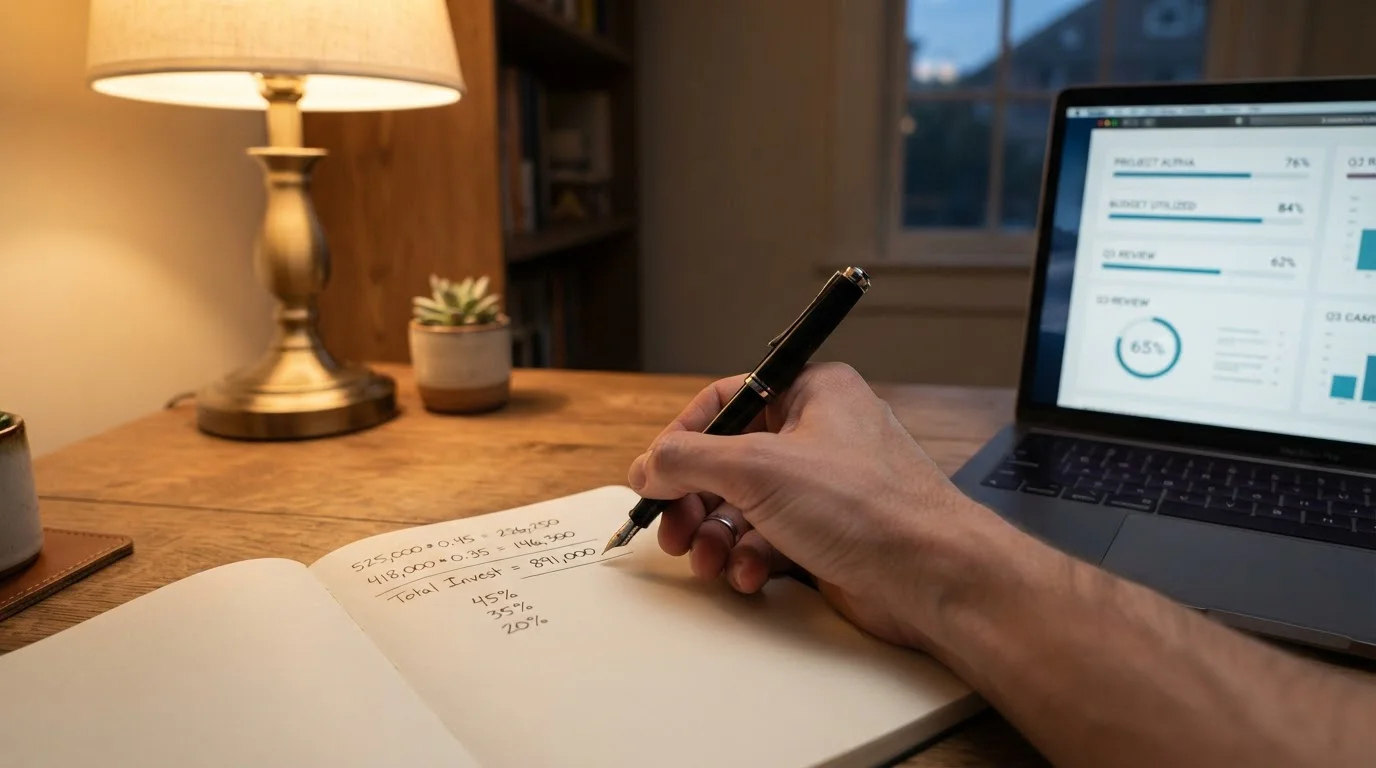 Ruka pořizující výpočty do notebooku vedle laptopu, ilustrace bonusové matematiky