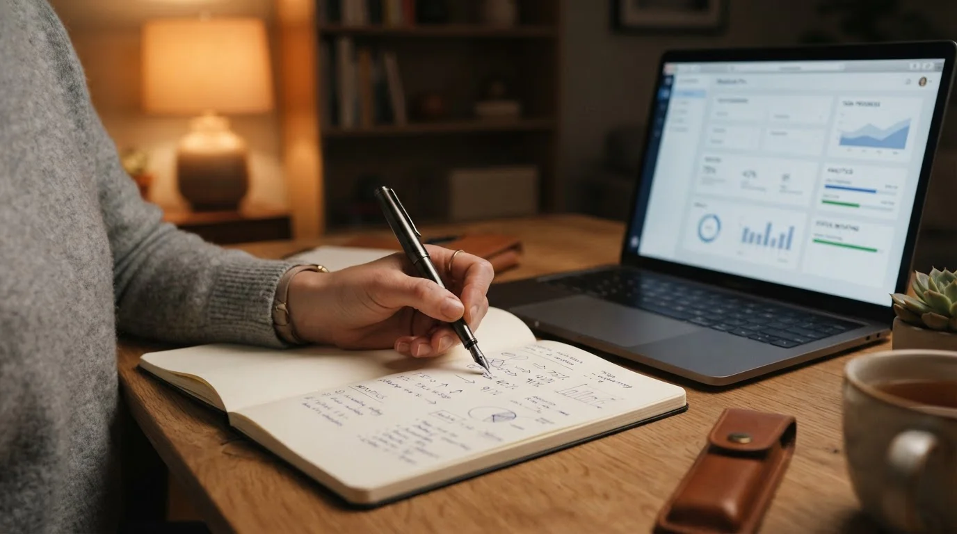 Ruka pořizující výpočty do notebooku vedle laptopu, ilustrace bonusové matematiky