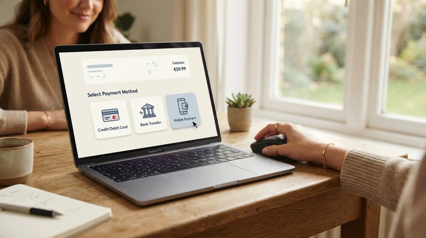Laptop s otevřenou pokladnou online casina zobrazující výběr platebních metod