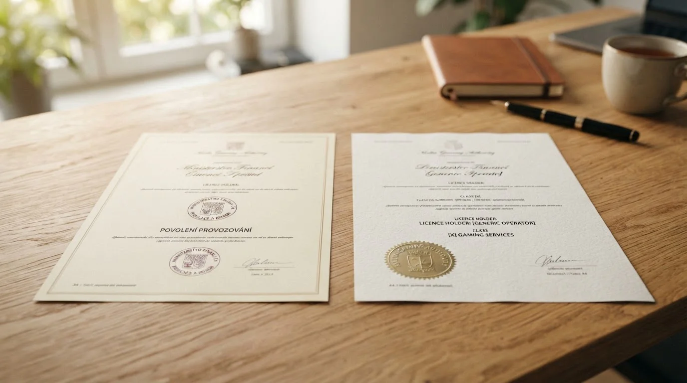 Dokument s razítkem české licence MF ČR vedle dokumentu s maltskou licencí MGA