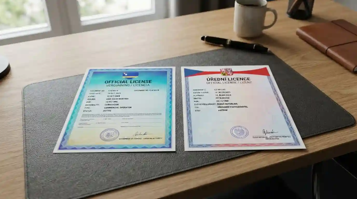 Dokumenty Curacao licence a české MFČR licence vedle sebe na pracovním stole