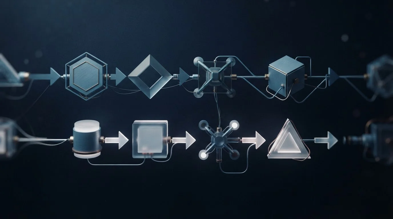 Abstraktní diagram dvou paralelních procesů s uzly a šipkami