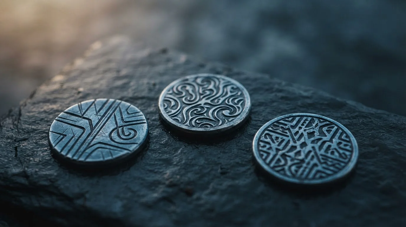 Abstraktní tokeny na tmavém pozadí, ilustrace tří kryptoměn