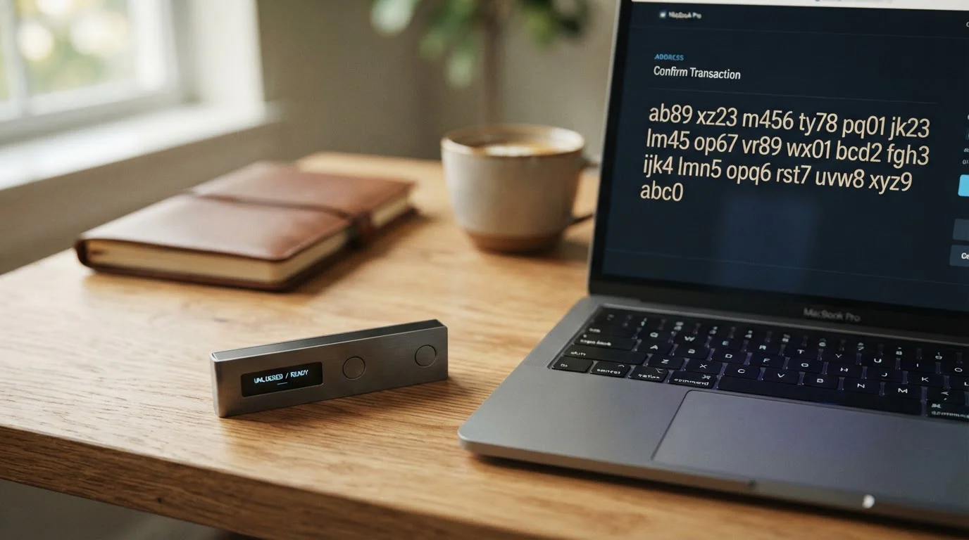 Hardware peněženka na dřevěném stole, ilustrace bezpečného ETH výběru