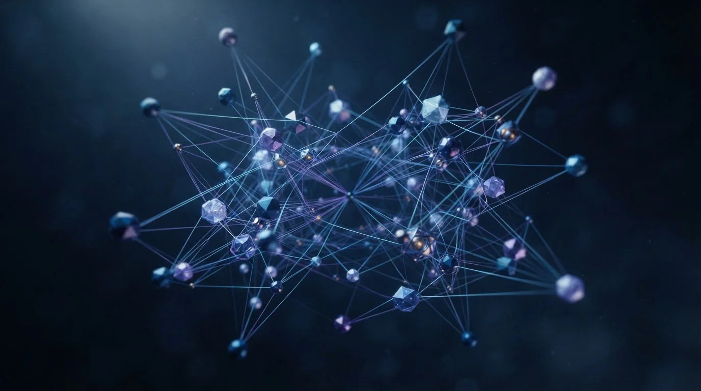 Abstraktní síťový diagram s uzly, ilustrace Ethereum sítě