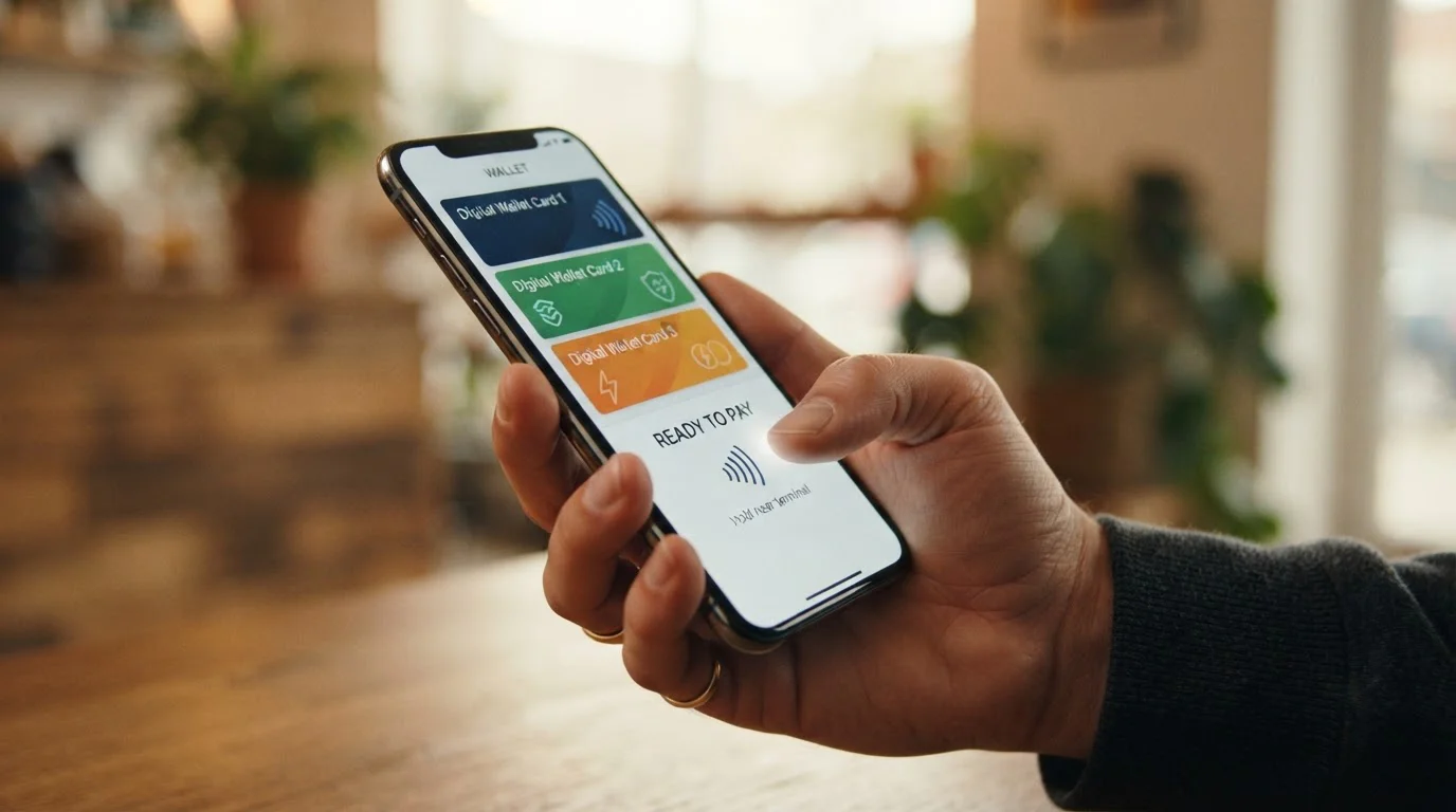 Smartphone zobrazující rozhraní mobilní peněženky s abstraktními symboly platebních metod