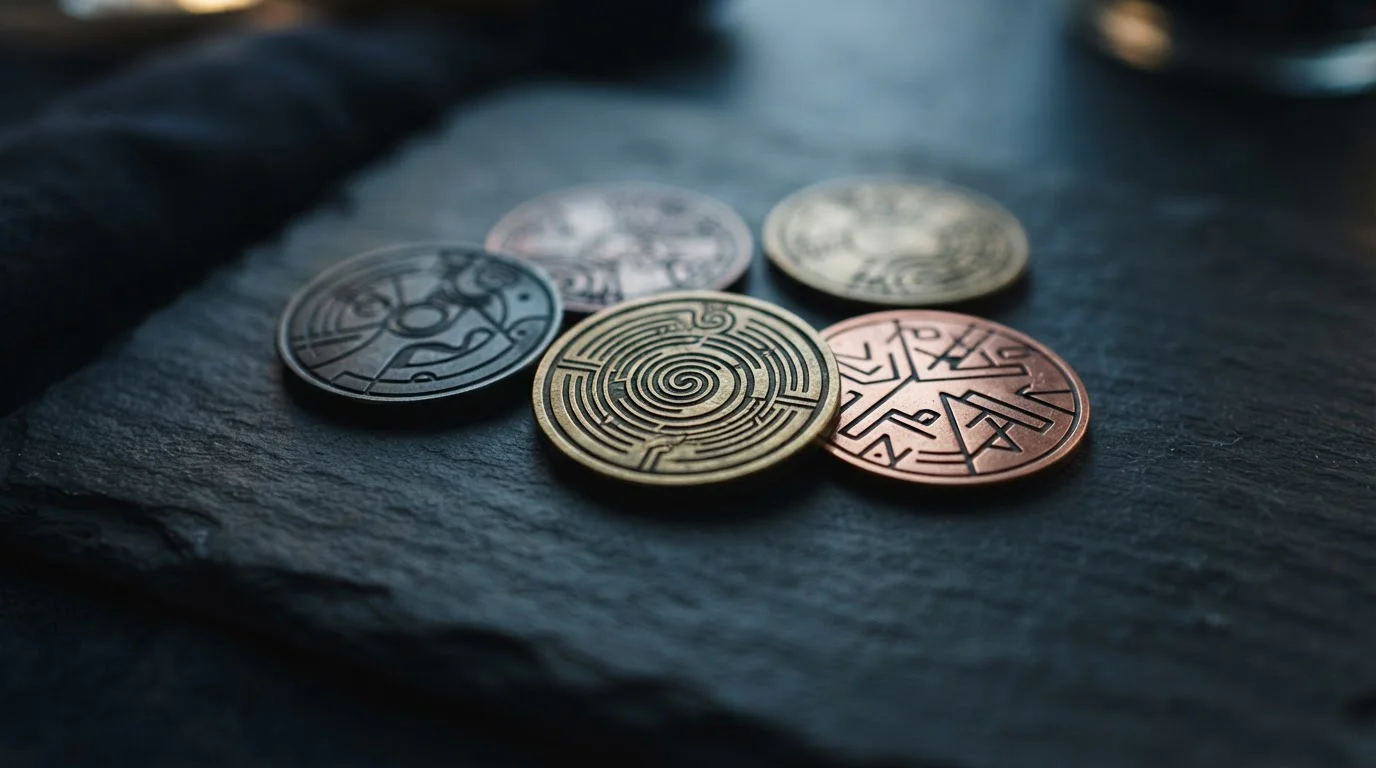 Abstraktní tokeny na tmavém pozadí, ilustrace kryptoměn včetně alt-coinů