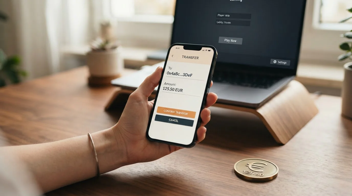 Ruka drží telefon s kryptopeněženkou při nízkém vkladu do zahraničního casina od 5 eur