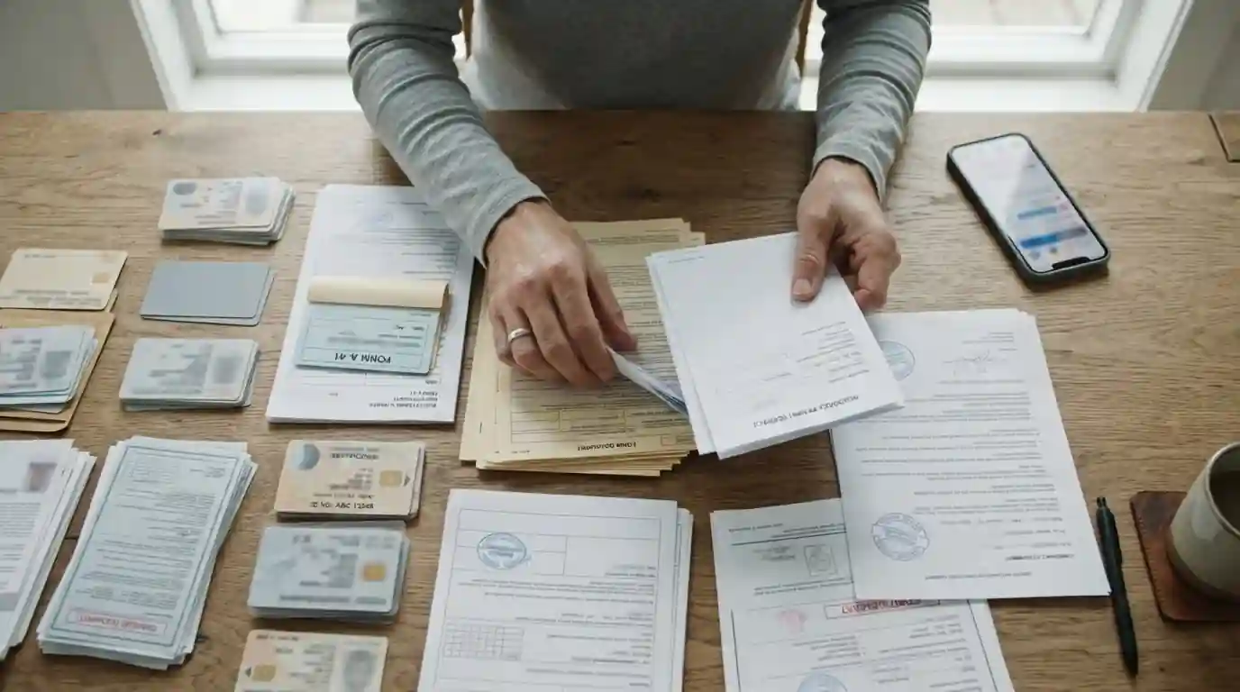Osoba u stolu prohlíží občanský průkaz a doklady, ilustrace KYC verifikace