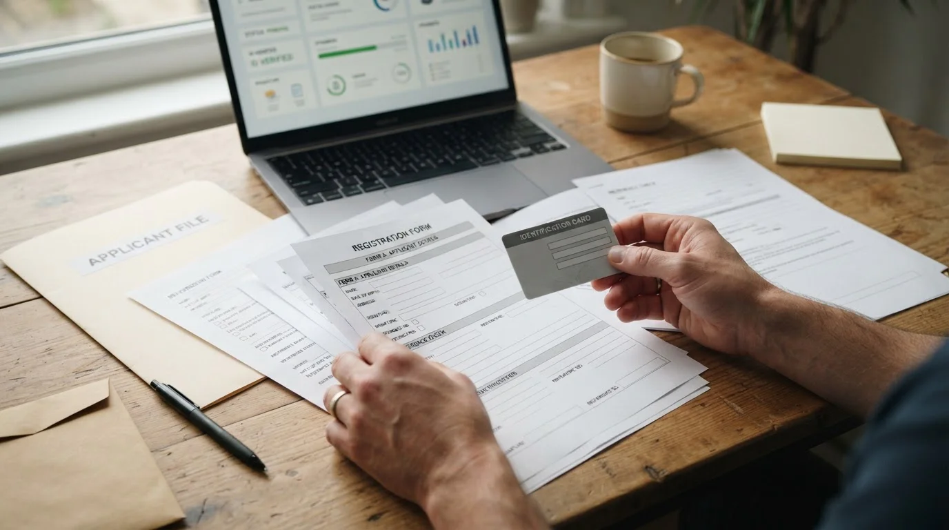 Osoba prohlíží generické doklady a formuláře u stolu, ilustrace KYC
