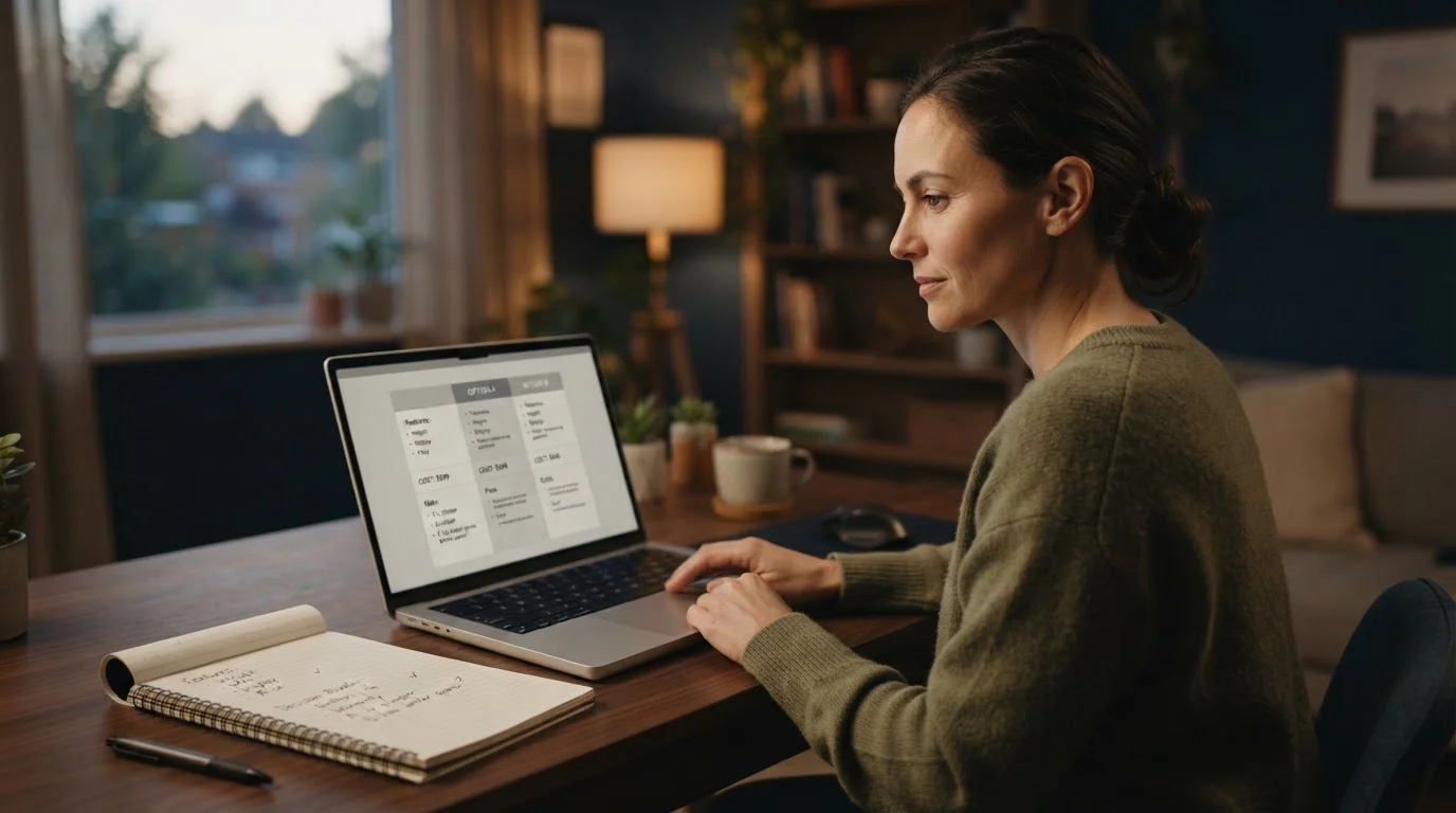 Hráč porovnává legální online casina s nízkým vkladem na notebooku