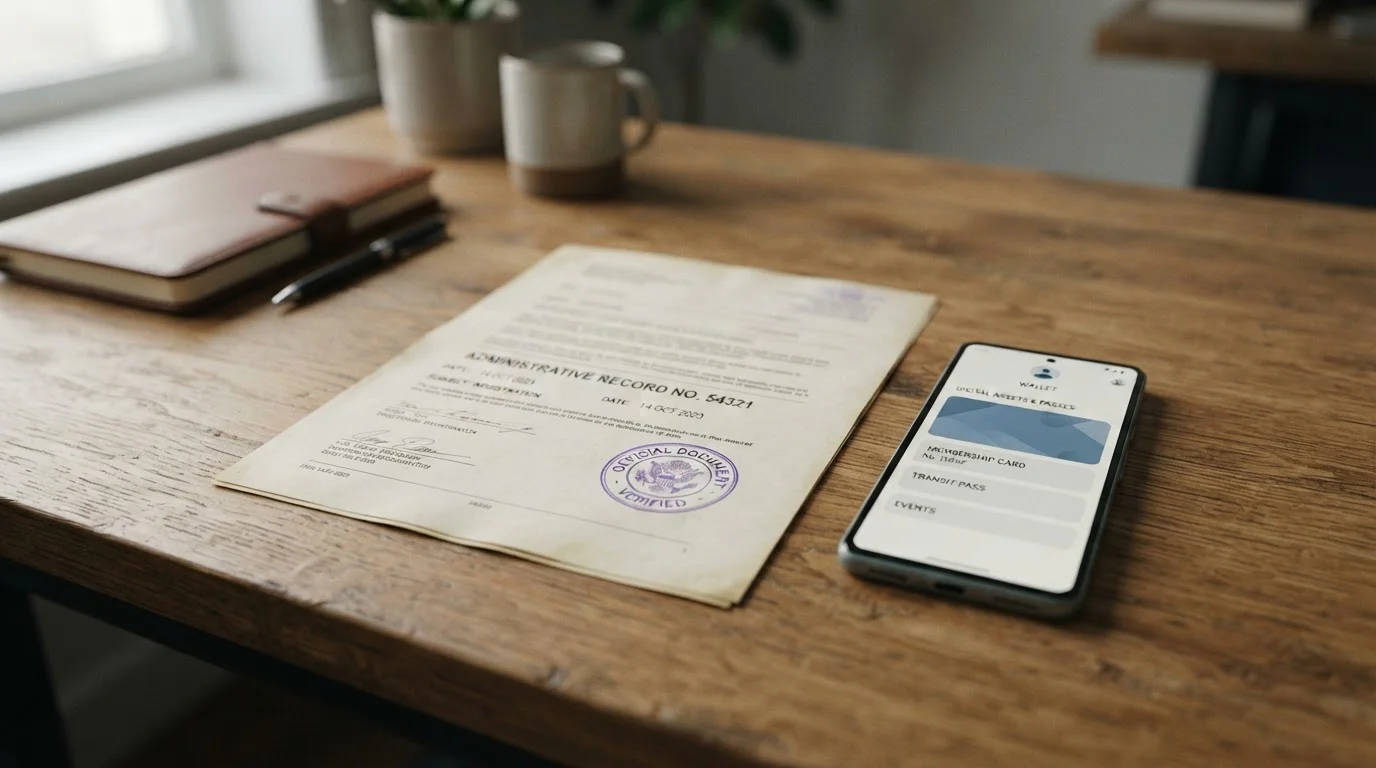 Dokument s abstraktním razítkem a peněženka, ilustrace licence a KYC v krypto kasinu