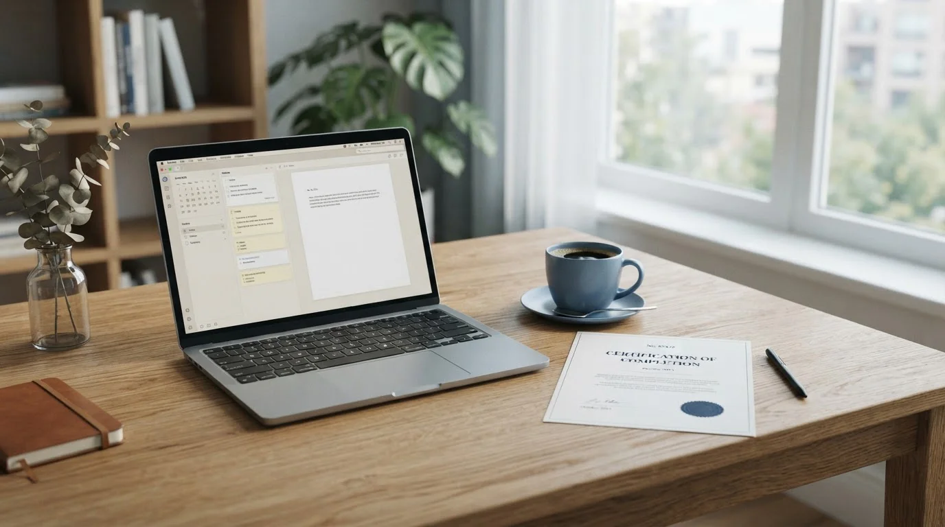 Přehledný pracovní stůl s notebookem a dokumentem o licenci casina