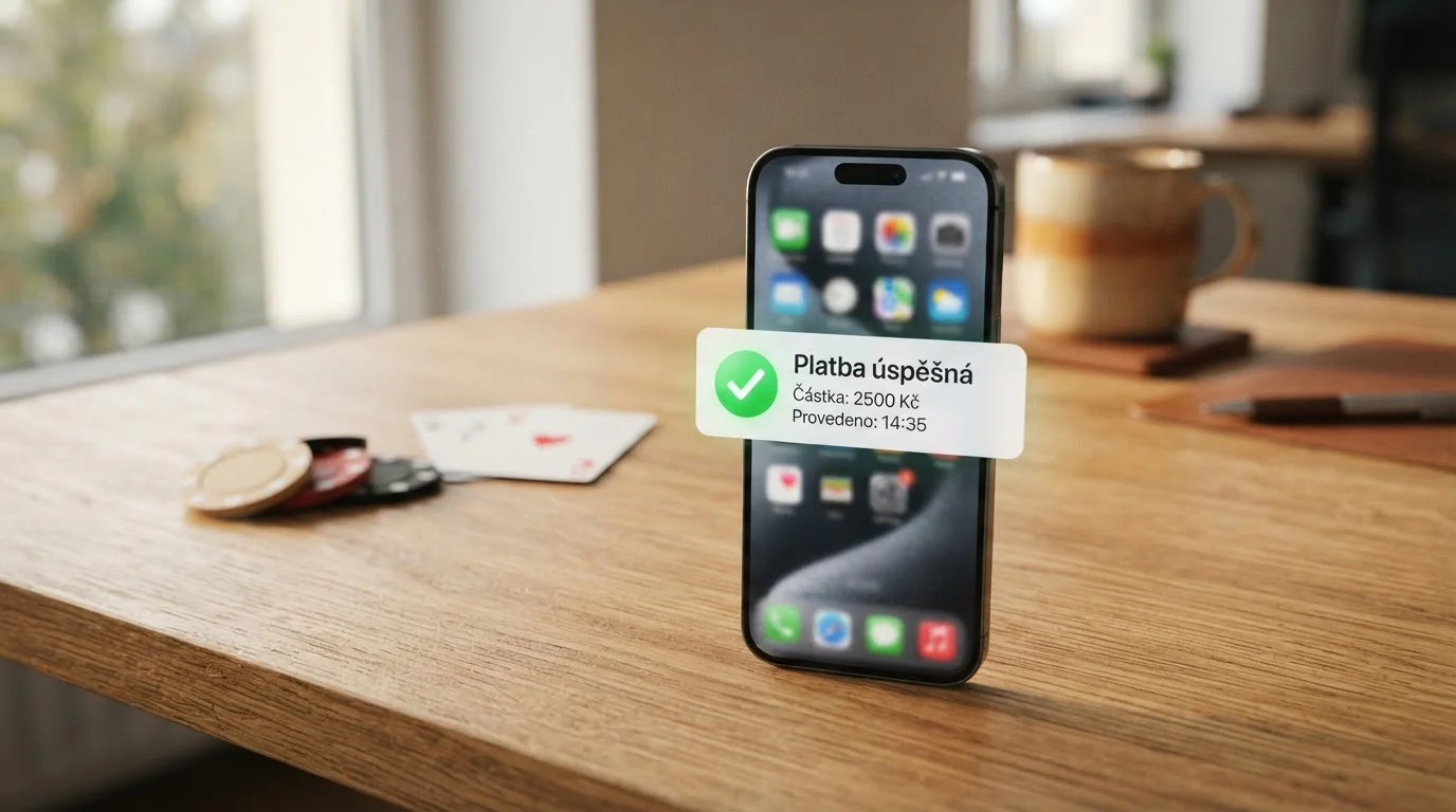 Mobilní telefon na pracovním stole s notifikací o úspěšné M-platbě