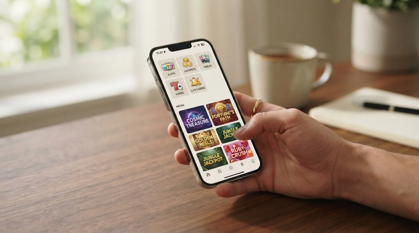 Smartphone s otevřenou casino mobilní aplikací a herním rozhraním