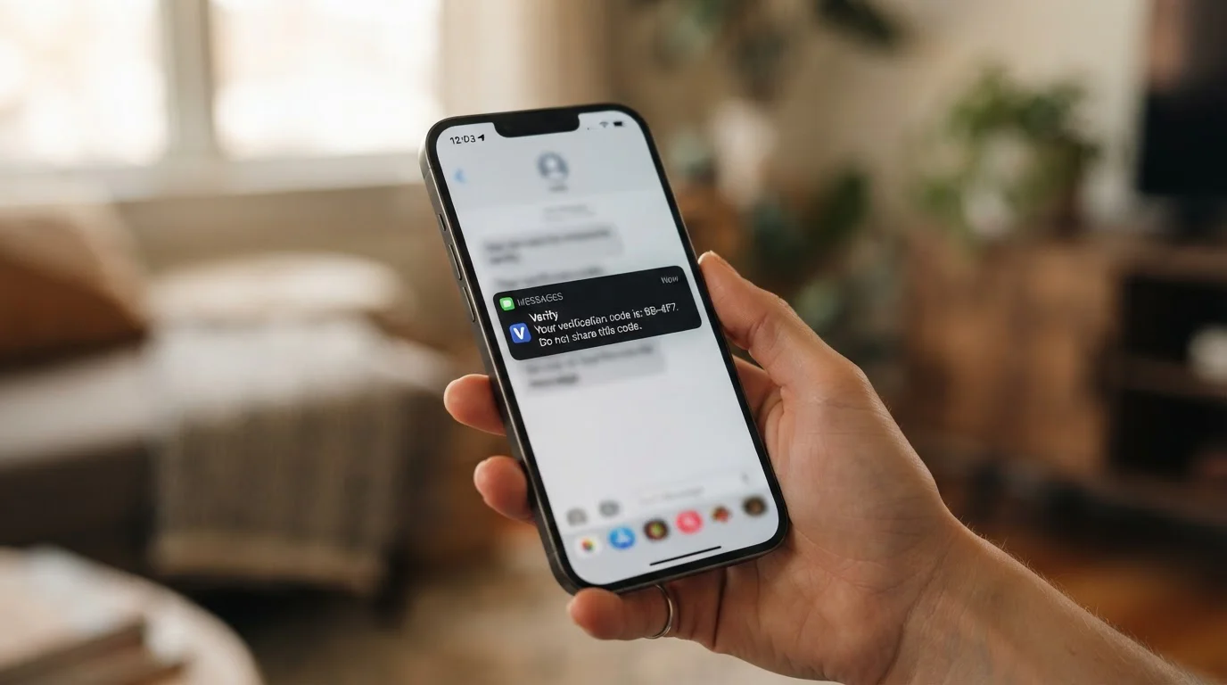 Smartphone v ruce zobrazující přijatý SMS kód s částečně viditelným autorizačním číslem