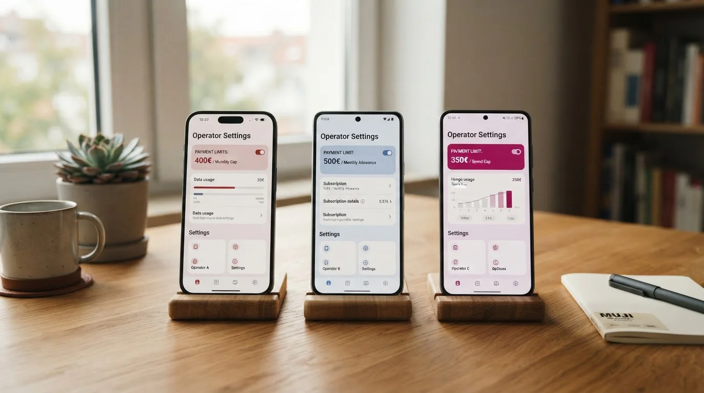 Tři smartphones vedle sebe reprezentující Vodafone, O2 a T-Mobile, na displejích obrazovky s nastavením limitů plateb
