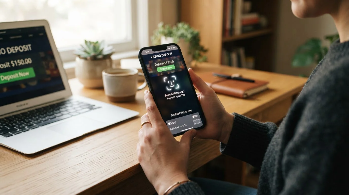 iPhone s otevřenou casino aplikací a tlačítkem Apple Pay na obrazovce vkladu