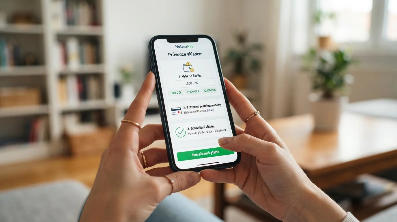 Ruce drží telefon s krokovým průvodcem vkladem přes NeteraPay