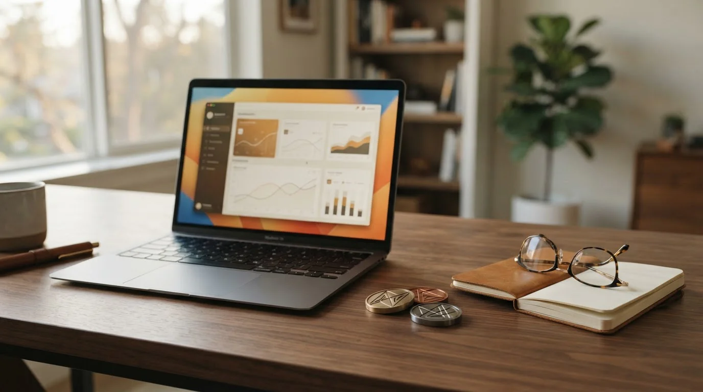 Notebook s abstraktním dashboardem a mince kryptoměn na dřevěném stole