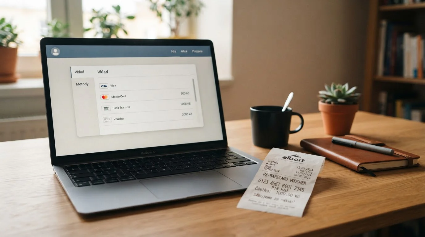 Předplacený Paysafecard kupón s PIN kódem na stole vedle notebooku s rozhraním online kasina