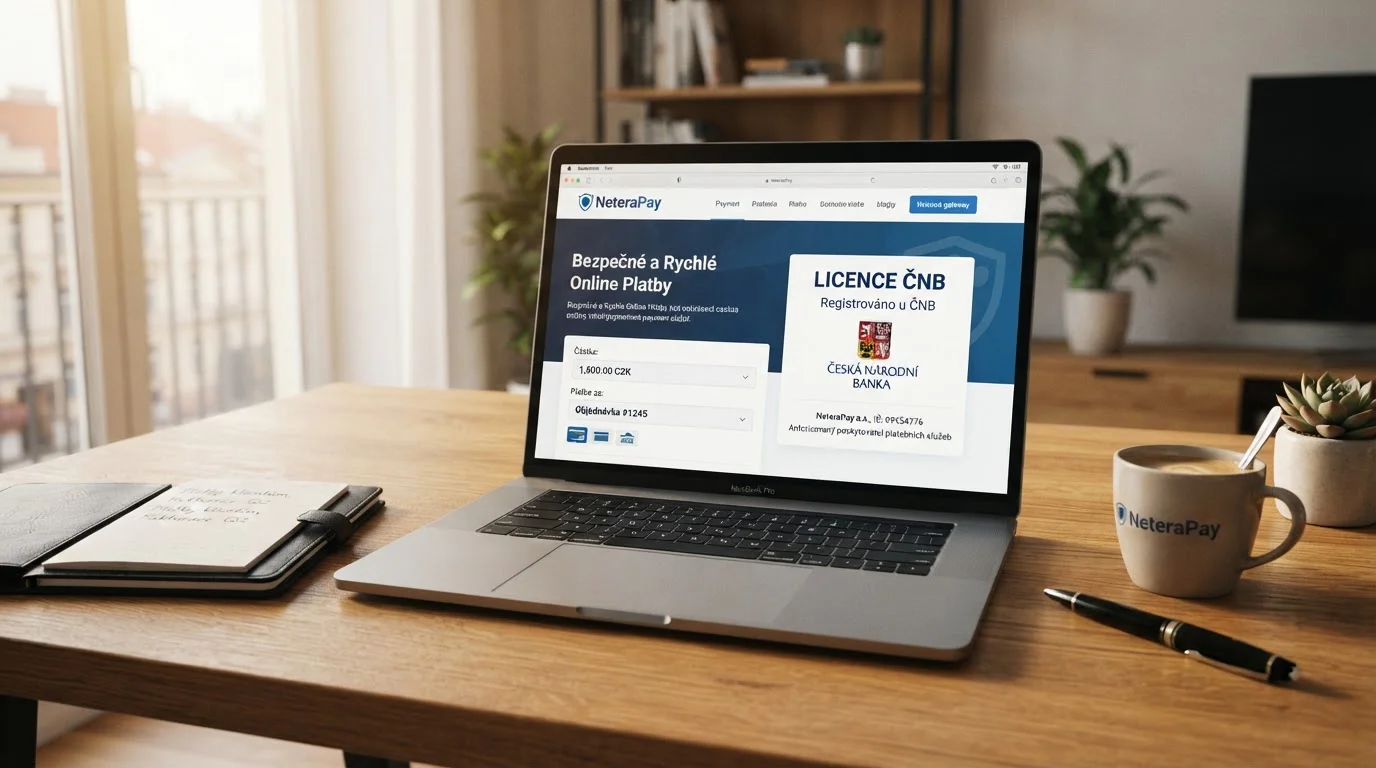 Laptop s otevřenou stránkou NeteraPay a licencí České národní banky