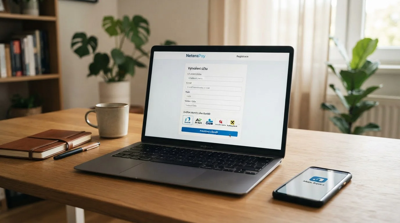 Laptop zobrazující registrační formulář NeteraPay s BankID ověřením, vedle smartphone s bankovní aplikací