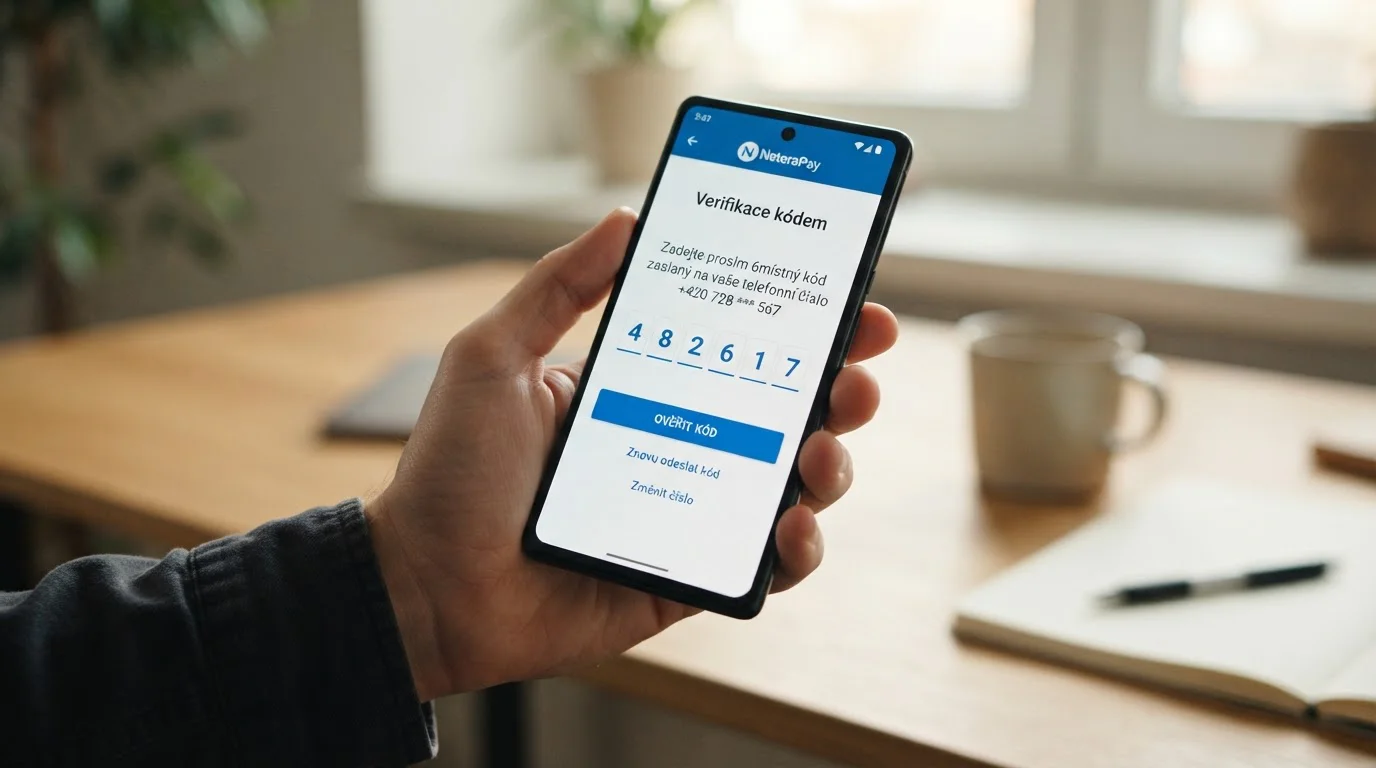 Smartphone s obrazovkou NeteraPay aplikace zobrazující pole pro SMS autorizační kód