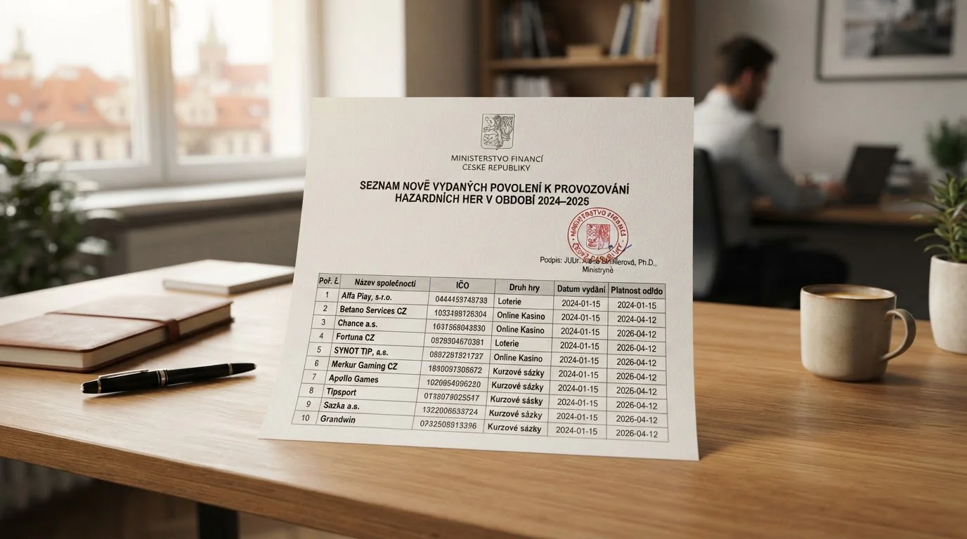 Dokument seznamu povolených provozovatelů Ministerstva financí ČR s novými licencemi z roku 2024–2026