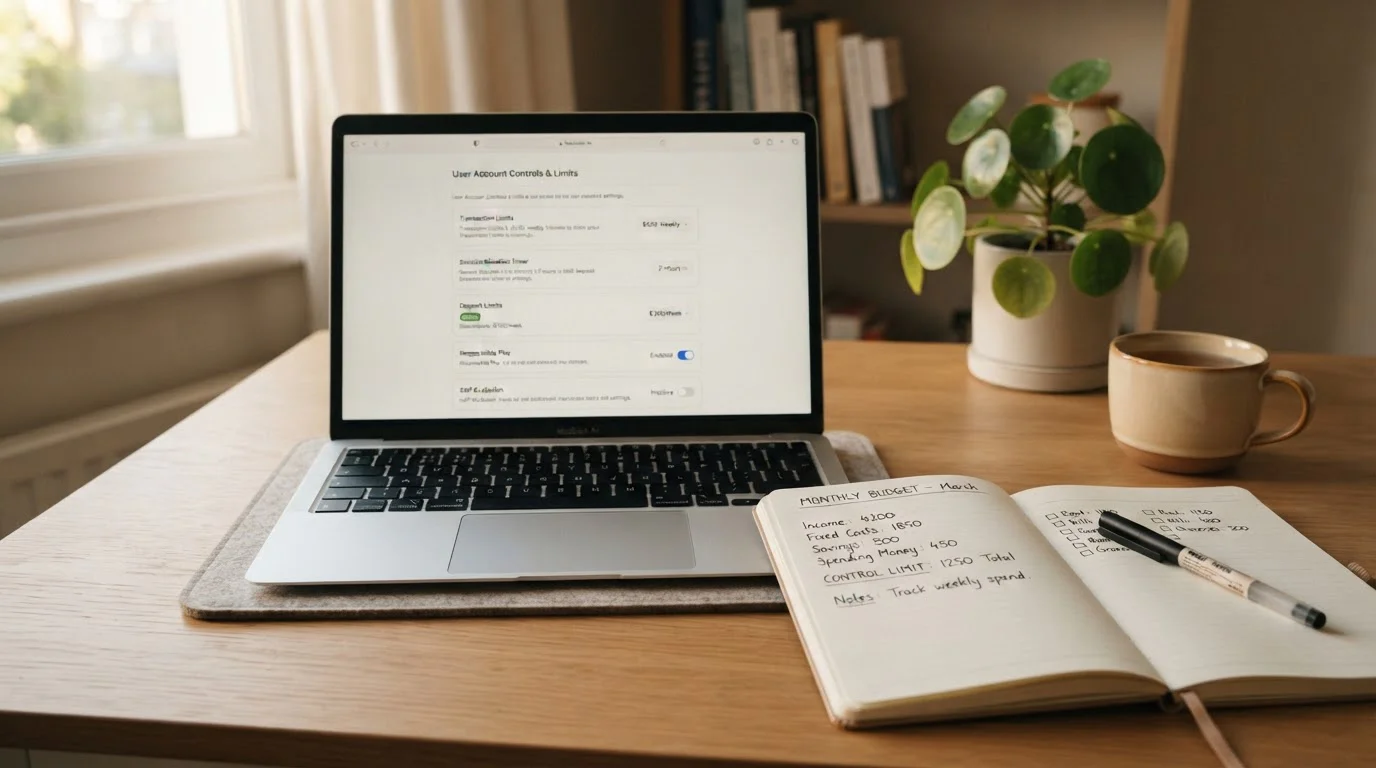 Klidné pracovní prostředí s notebookem a poznámkovým blokem o limitu her