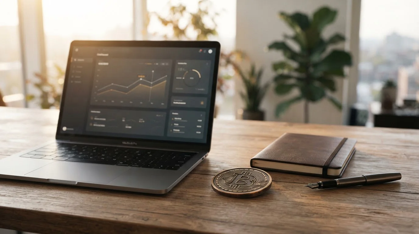 Notebook s abstraktním herním rozhraním a symboly bitcoinu na stole