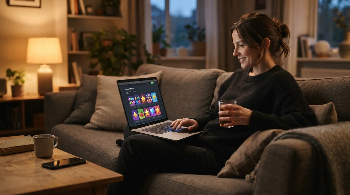 Hráč prohlíží nabídku online kasina na notebooku