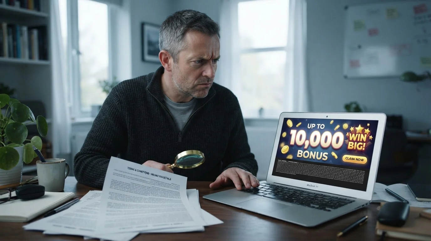 Hráč obezřetně zkoumá marketingový slib vkladu 5 eur s drobným písmem v podmínkách zahraničního casina