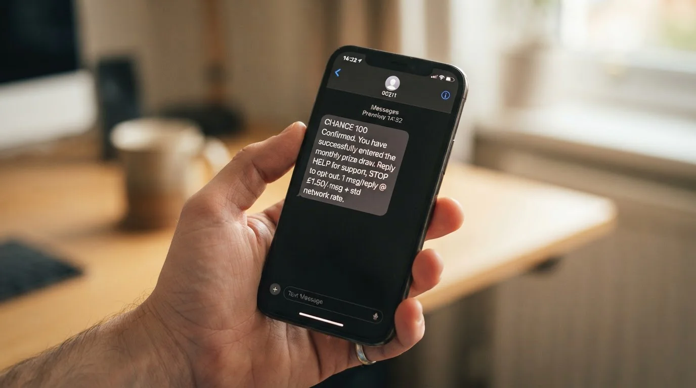 Mobilní telefon s SMS zprávou CHANCE 100 na displeji, detail SMS aplikace s číslem 90211