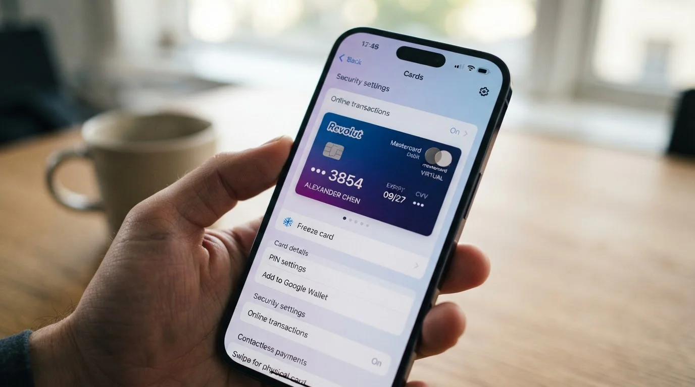 Revolut aplikace s virtuální kartou a platebními detaily