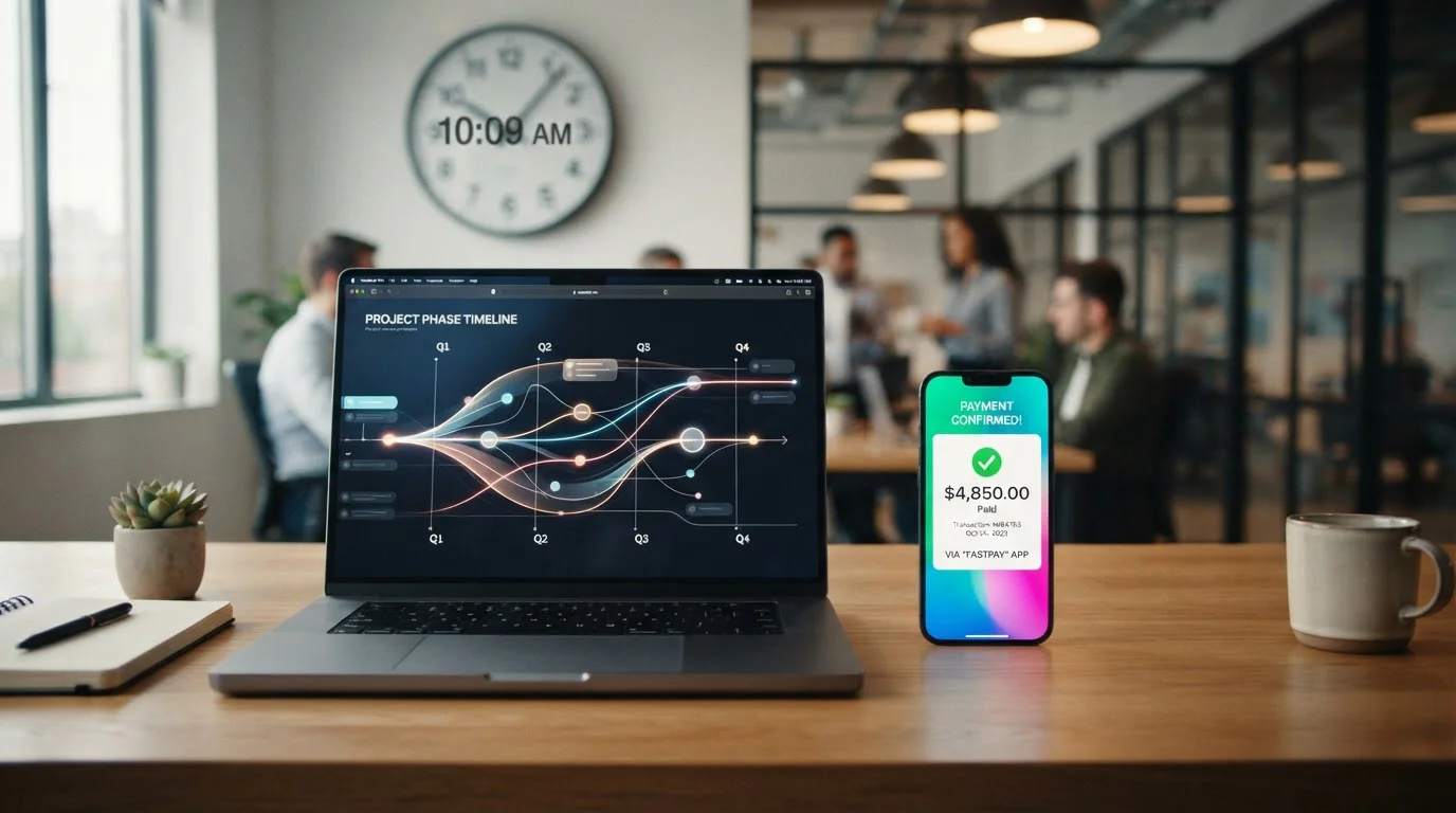 Laptop a smartphone vedle sebe zobrazující časovou osu zpracování plateb