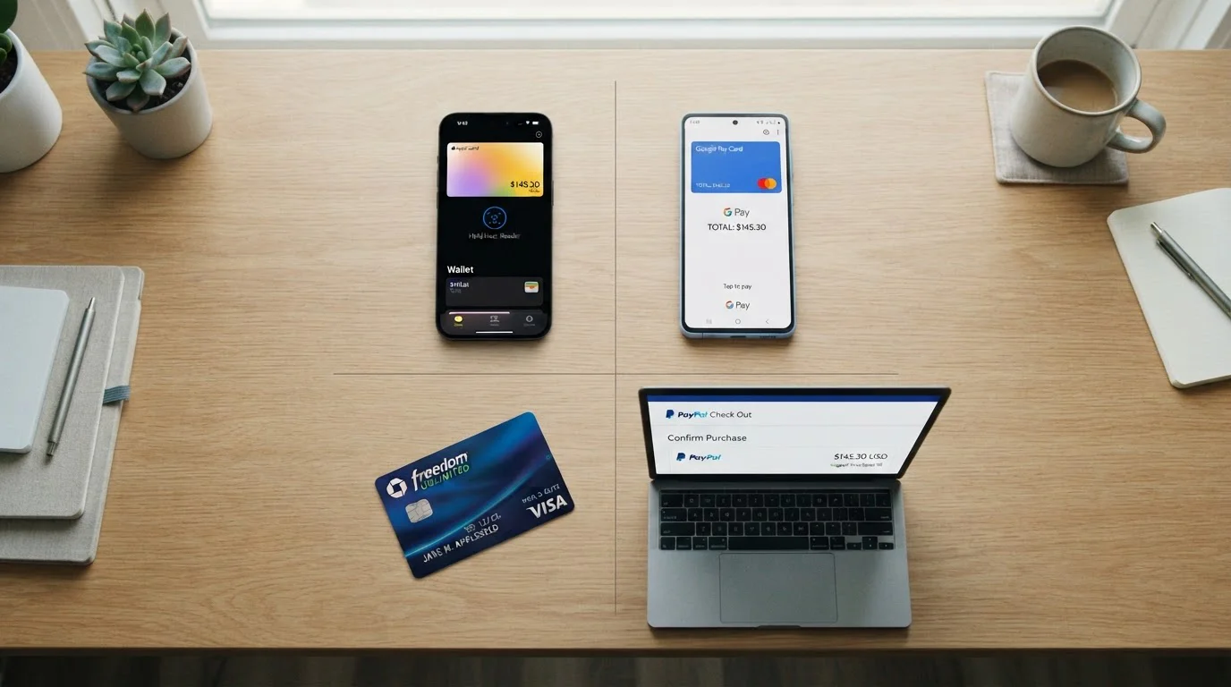 Srovnávací diagram Apple Pay, Google Pay, platební karty a PayPal