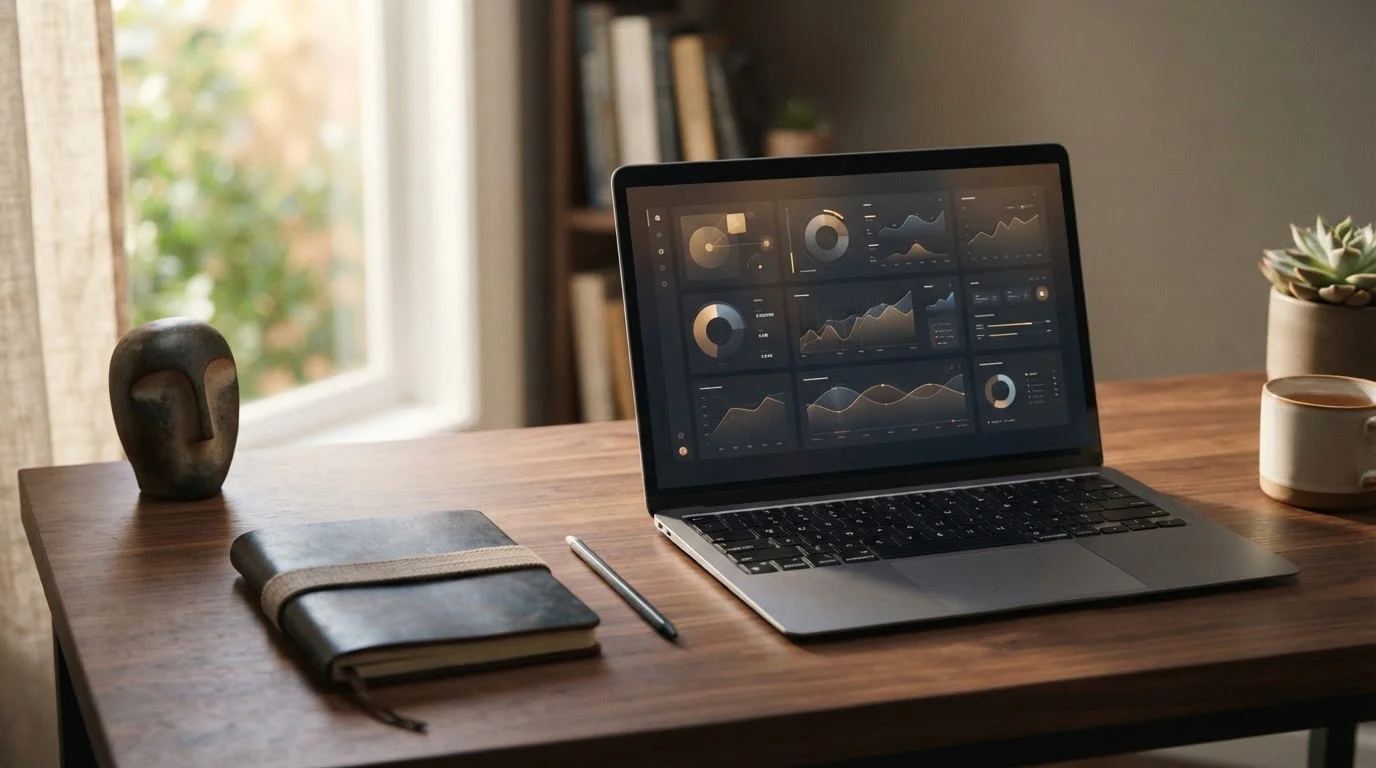 Notebook s abstraktním rozhraním a symbolika anonymity na dřevěném stole
