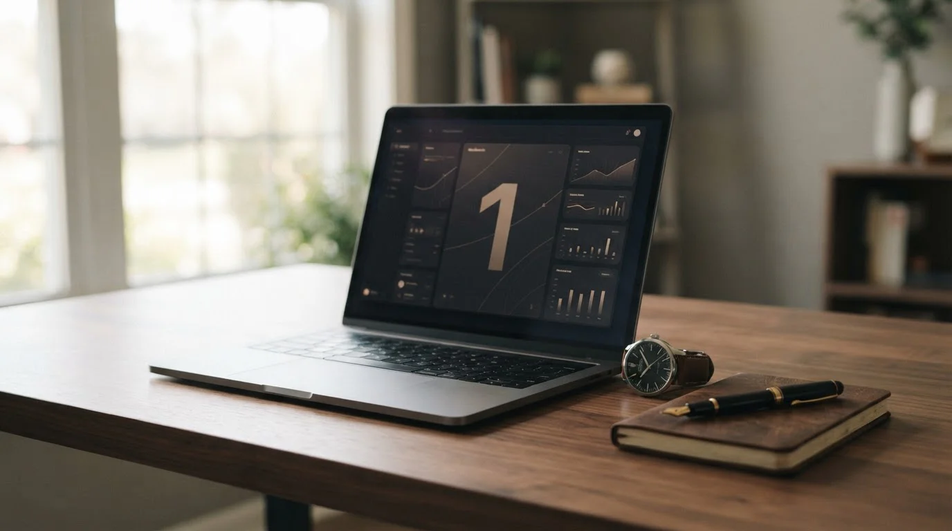Notebook s abstraktním rozhraním a číslicí 1 na dřevěném stole