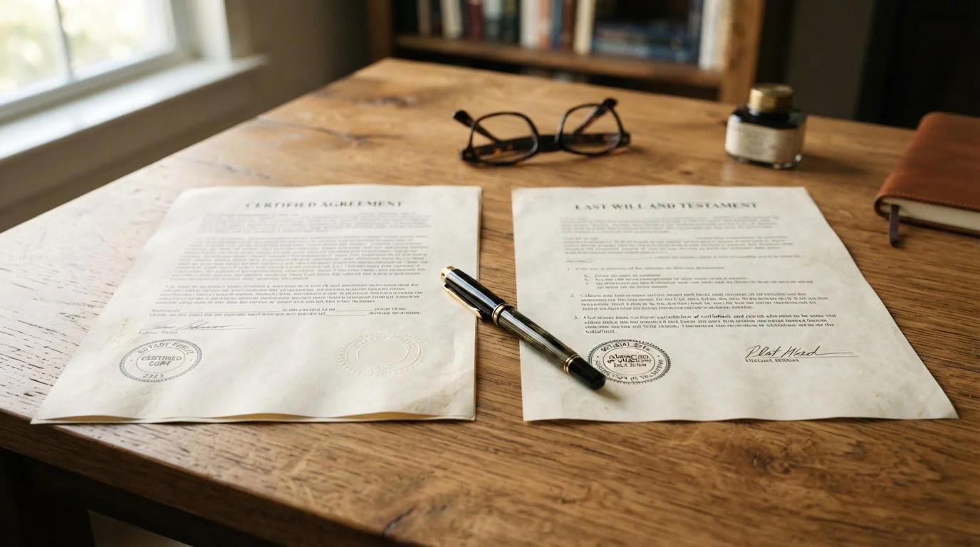 Dva otevřené dokumenty s razítky na dřevěném stole, ilustrace srovnání licencí