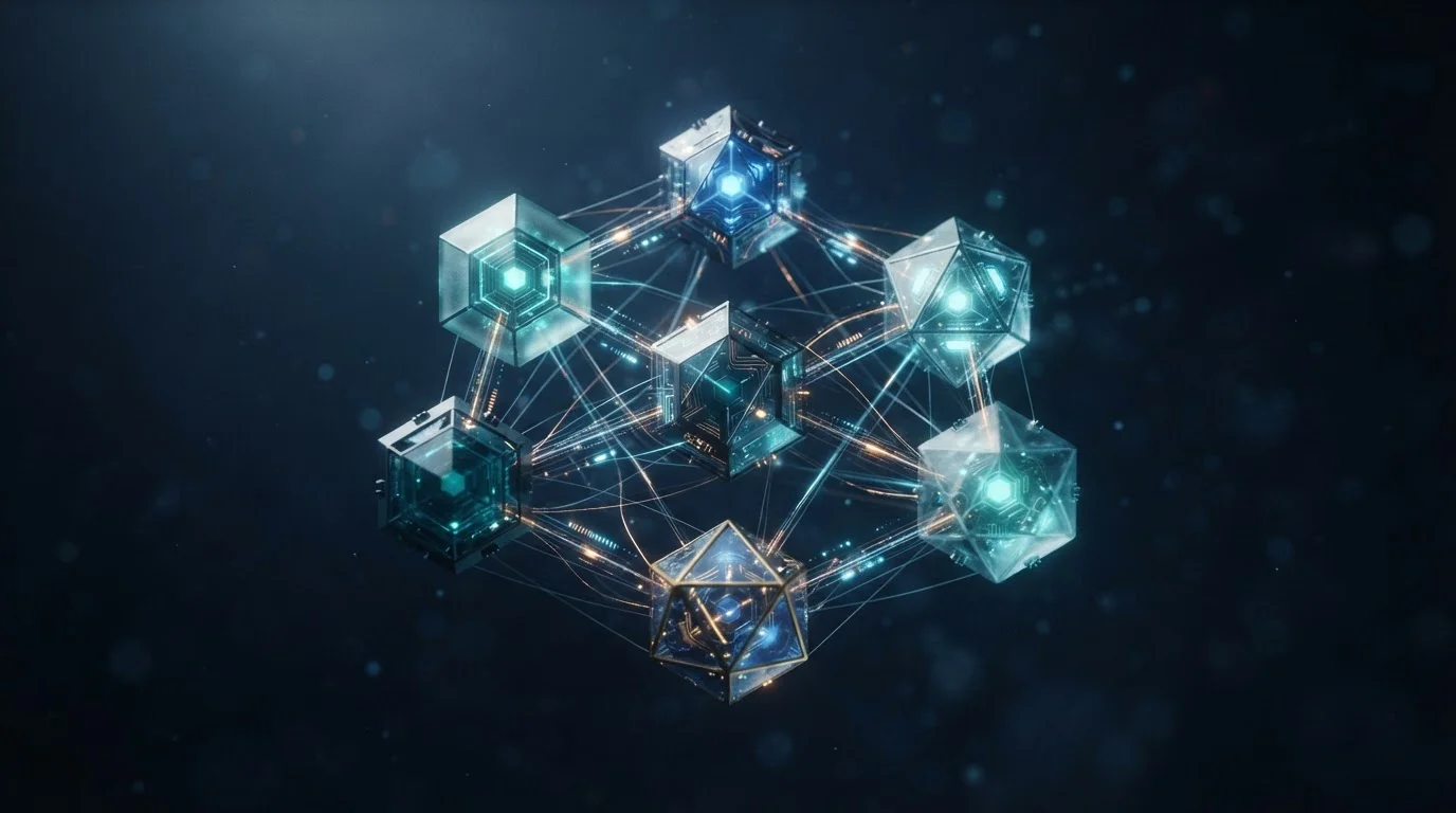 Abstraktní síťový diagram s několika propojenými uzly, ilustrace USDT sítí