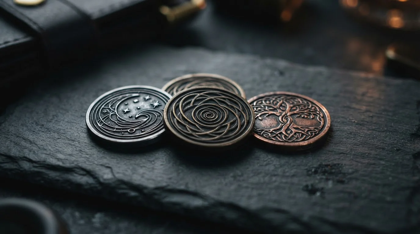 Tři symbolické tokeny na tmavém pozadí, ilustrace srovnání stablecoinů