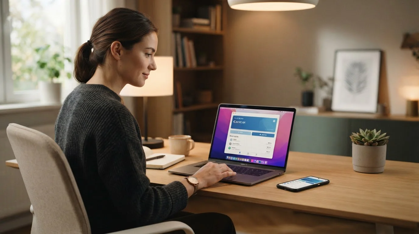 Laptop zobrazující rozhraní NeteraPay peněženky se zůstatkem a možností převodu na bankovní účet