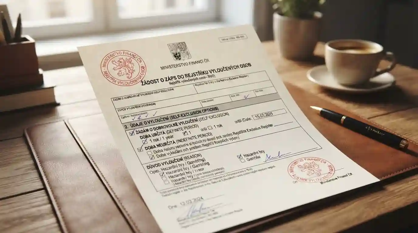 Stylizovaný dokument registru národního vyloučení s razítkem Ministerstva financí ČR